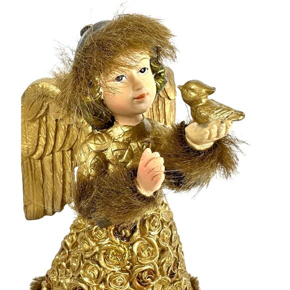 Cracker Barrel Season of Glory Gold Angel with Bird Faux Fur Trim Vintage-Nice! - Picture 2 of 8